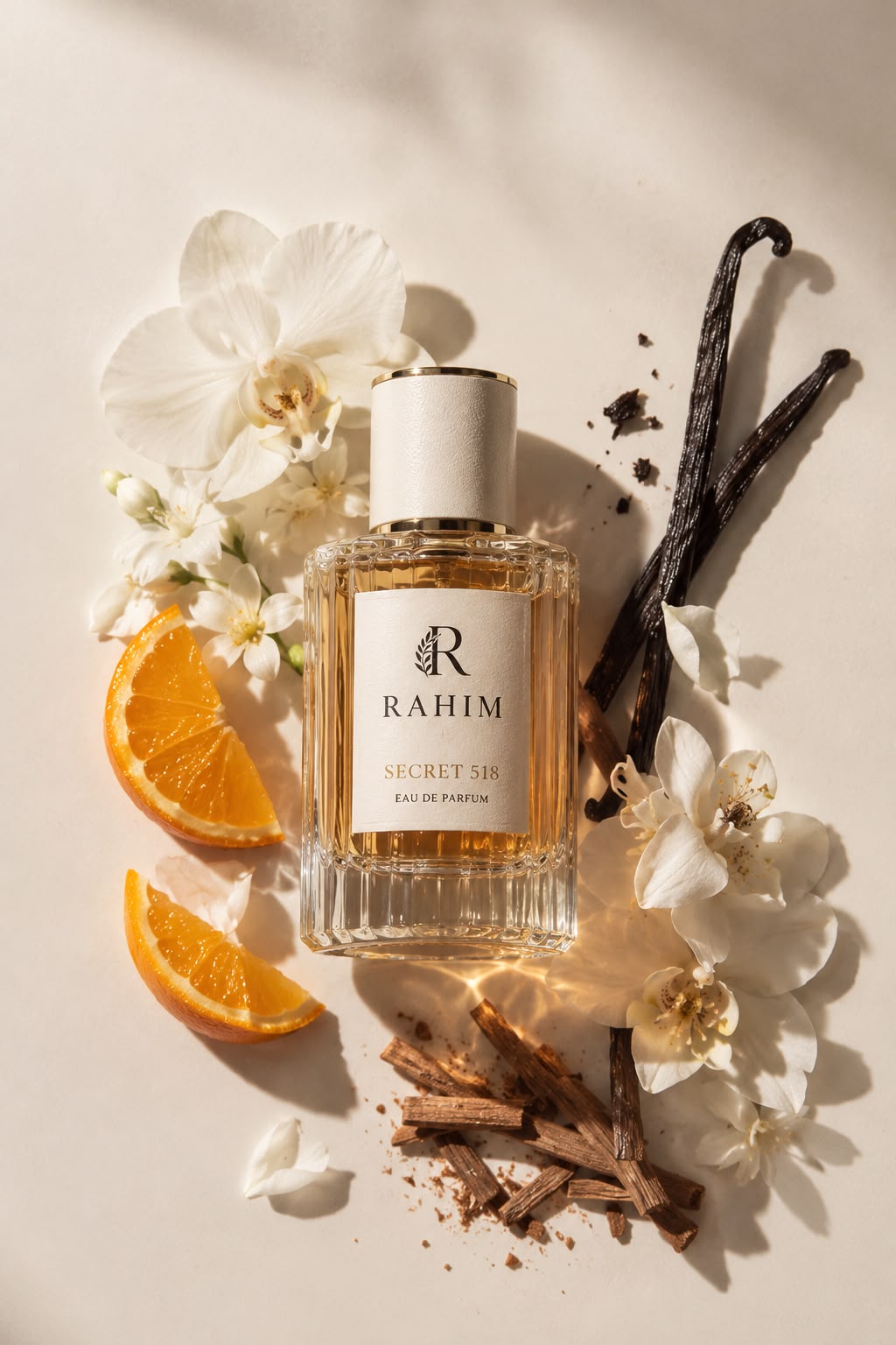 Secret 518 Eau de Parfum with orange, white flowers, vanilla pods and sandalwood